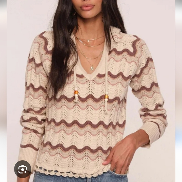 Heartloom Elias Chevron Pattern Knit Hooded Sweater Tan Brown 100% Cotton - Picture 17 of 17